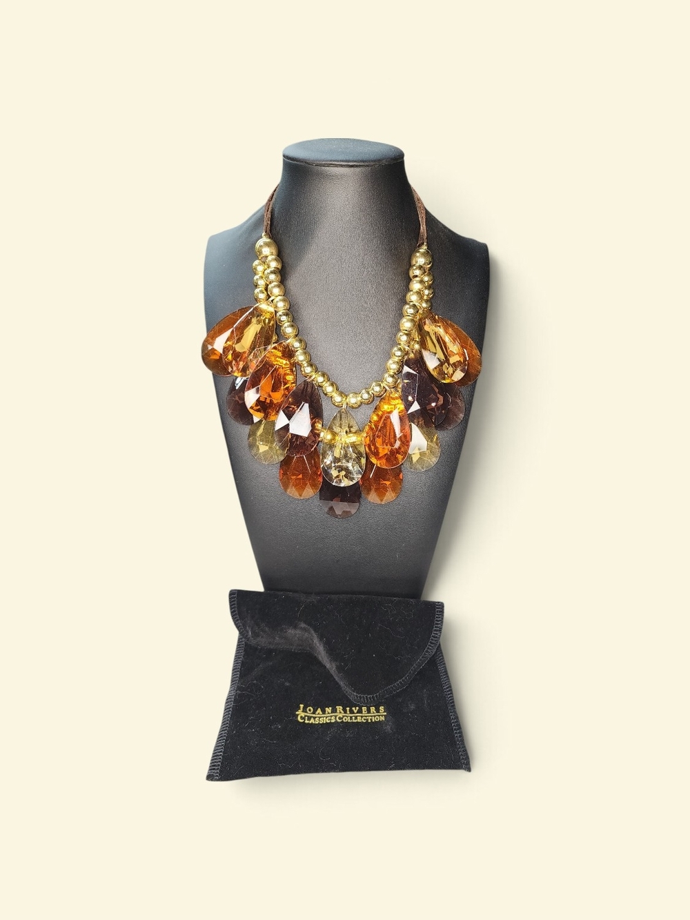 Joan Rivers Classics Amber Lucite Teardrop Statement Necklace Gold Beads